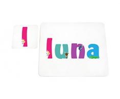 Little Helper Napperon avec Coaster Style Illustratif Coloré avec le Nom de Jeune Fille Luna