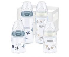 NUK Kit de 4 Biberons First Choice+, 2x 150ml et 2x 300ml, Silicone, 0-6 Mois, anti colique, Sans BPA, Bleu (garçon)