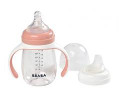 BÉABA, Biberon/Tasse dapprentissage 2 en 1, Tasse Paille Enfant, 100% étanche, Anti-fuite, Facile à Ouvrir, Poignées amovibles, Tritan et Silicone, 210 ml, Old Pink