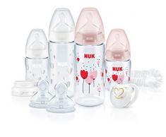 NUK First Choice+ Perfect Start ensemble biberon et sucette Genius, 0-18 mois, tétines en silicone, contrôle de la température, sans BPA, rose [fille], 10 unités