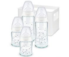 NUK Biberons en Verre First Choice+, 2x 120ml et 2x 240ml, Silicone, 0-6 Mois, Anti-colique, Sans BPA, Motif assorti