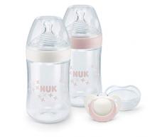 NUK Kit de 2 Biberons Nature Sense, 0-6 Mois, 260ml, Anti Colique, Sans BPA, avec Sucette Genius, Rose