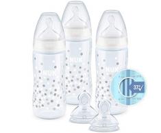 NUK First Choice+ Starter Set biberon et casier de rangement, 0-6 mois, tétines en silicone, contrôle de la température, sans BPA, transparent [garçon/fille], 5 unités