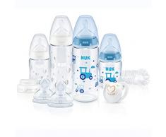 NUK First Choice+ Perfect Start ensemble biberon et sucette Genius, 0-18 mois, tétines en silicone, contrôle de la température, sans BPA, bleu [garçon], 10 unités
