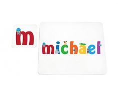 Little Helper LHV-MICHAEL-COASTERANDPLACEMAT-15IT Dessous de verre et sets de table avec finition brillante, personnalisés pour garçons, nom Michael, multicolore, 21 x 30 x 2 cm