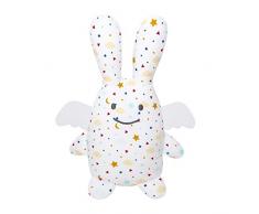 TROUSSELIER - Doudou avec Hochet - Ange Lapin - 20 cm de haut - Coton imprimé Etoiles - Moderne Chic - Idéal Cadeau de Naissance - Lavable en Machine - Colori Blanc