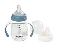 BÉABA, Biberon/Tasse dapprentissage 2 en 1, Tasse Paille Enfant, 100% étanche, Anti-fuite, Facile à Ouvrir, Poignées amovibles, Tritan et Silicone, 210 ml, Windy Blue