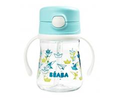 BÉABA, Tasse paille pour enfants, Poignées amovibles, Paille silicone anti-éclaboussure, 100% étanche, Valve régulatrice de débit, Bouton pression facile à ouvrir, Dès 8 mois, 240ml, Bleu