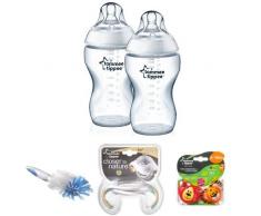 Tommee Tippee Biberon 340 ml, Pack au choix + Goupillon (Modèle aléatoire) + Poignée pour Biberon - Closer to Nature (Coloris aléatoire) + Lot de 2 Sucettes Fun - 6/18 mois - Modèle aléatoire