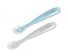 BÉABA, Lot de 2 cuillères silicone bébé/enfant 1er âge avec boite de transport, Windy Blue