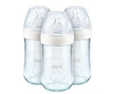 NUK Biberons en Verre Nature Sense, 240ml, 0-6 Mois, Anti Colique, Sans BPA, Silicone, Lot de 3