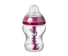 Tommee Tippee Biberon Anti-Colique Avancé, 260 ml, Valve et Tube Anti-Colique avec Technologie Thermosensible, Tétine Souple, Rose et Décoré