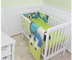 Tots by Smart Rike 240–103 Parure de lit Joy Rabbit, comprenant Couverture, Tour de lit, 100% En Coton Satin, garnissage 100% PES, Quilt : 100 x 120 cm, tour de lit : 32 x 176 cm, drap-housse 140 x 70 cm, vert/bleu