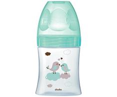 Dodie -Biberon Initiation VERRE 150ml VERT OISEAUX 0-6 mois tétine ronde 3 vitesses débit 1