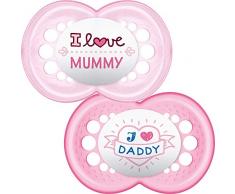 MAM Tétines avec message « I Love Mummy » et « I love Daddy » avec étui de voyage stérilisable (6 mois et plus, rouge/rose)