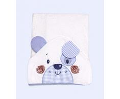 Ti TIN, Cape de Bain pour Bébé, 100x100 cm | Serviette de Bain Douce, Confortable, Absorbante - 90% Coton 10% Polyester - Tissu Éponge - Motif Chien - Couleur Bleu et Blanc - 340g/m²