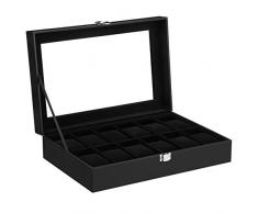 SONGMICS Boîte à montres avec 12 Compartiments, Coffre à montres Verrouillable avec Couvercle en verre, Présentoir à montres avec Coussins détachables, Cuir synthétique, Noir JWB12B