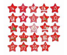 GLOREX Calendrier de Noël avec étoiles en Bois, Bois, Rouge, 13 x 11,5 x 2 cm