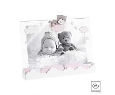 Cadre photo en mdf avec baguette et dÃ©corations nounours et nuages en rose et blanc â Taille photo 13x18 cm