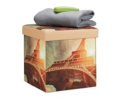Relaxdays 10022865_470 Tabouret avec rangement pouf pliant pliable rembourrÃ© repose-pieds LED HxlxP: 38 x 38 x 38cm Tour Eiffel, Polyester, 38 x 38 x 38 cm