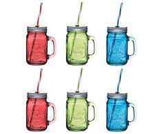 Kitchen Craft Home Made Bocal de Boire en Verre avec Paille, Vert (Lot de 6), Verre, Green, 11 x 7.2 x 13 cm