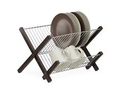 Relaxdays 10023257 Ãgouttoir à Vaisselle 2 étages, Pliable, INOX, Bambou, Assiette, Tasse, HxlxP: 25,5 x 39 x 30 cm, Brun, Marron foncé