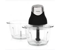 H.Koenig Mini Hachoir Electrique Noir Mat Chrome LEO9 Résistant Bol Verre Gradué 1L Lames INOX, Facile dutilisation, Légumes Oignon Salade Pesto Persil Noix Viandes Ail, Couvercle de Conservation