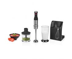 Mixeur plongeant 800 Watts, 6 lames - Pied en acier inoxydable - Avec verre mesureur, hâchoir, fouet et support de rangement