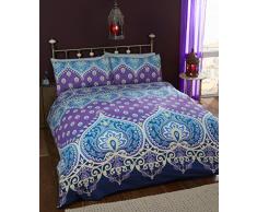 Asha Saphir Indien Motif Housse de Couette et 2Â Taie doreiller Parure de lit, Bleu/Violet, King