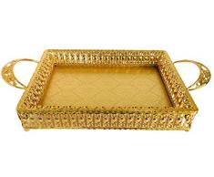 Bo Time Plateau de Service de Style Oriental en Acier Plaqué Or - Poignées Ornées de Diamants