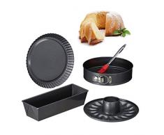 Relaxdays 10027276, anthracite Set de 5 pièces, 4 gâteaux, moule rectangle, à charnières, kouglof, à tarte, pinceau