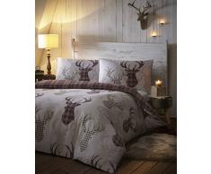 Parure De Lit avec Housse De Couette RÃVersible pour Lit Double - Motif Animal Rouge/Cerf en Tartan/Carreaux/Naturel, Marron, Double