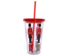 Puckator CUP10 Verre en Plastique avec Paille et Couvercle-Design Garde Royal, Rouge/Noir/Transparent, 10 x 10 x 16 cm