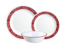 CORELLE Vitrelle Lot de 18Â PiÃ¨ces en Verre Bandhani Puce et Service de Table rÃ©sistant aux Chocs, Rouge