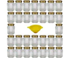Viva Haushaltswaren G1060100/30T/X Lot de 30 Petits bocaux de Confiture avec couvercles dorés 110 ML Entonnoir de Remplissage Jaune avec Dispositif darrêt Inclus