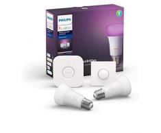 Philips Hue Kit de Démarrage Ampoules LED Connectées White & Color Ambiance E27 Pack de 2, Pont et Télécommande Smart Button, Fonctionne avec Alexa