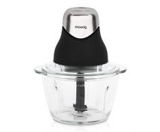 H.Koenig Mini Hachoir Electrique Noir Mat Chrome LEO8 Résistant Bol Verre Gradué 1L Lames INOX, Facile dutilisation, Légumes Oignon Salade Pesto Persil Noix Viandes Ail, Couvercle de Conservation