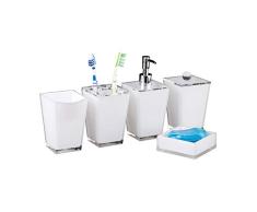 Accessoires salle de bain Set 5 piÃ¨ces distributeur savon gobelet brosse Ã dent porte-savon plastique, blanc