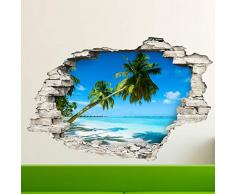 Stickers adhésifs Effet 3D | Sticker Autocollant Palmiers sur Plage de Sable blan - Décoration Murale Trompe lœil Chambre et Salon - 60 x 90 cm