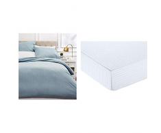 AmazonBasics Parure de lit avec Housse de Couette avec Deux taies doreiller, 230 x 220 cm, Bleu Spa & Drap-Housse en Microfibre Haut de Gamme Motif Rayures, 160 x 200 cm - Blanc Ã©clatant