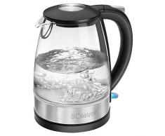 Bomann WKS 6026 G CB Bouilloire jusquà 1,7 l avec couvercle en acier inoxydable verrouillable à une main, raccord rotatif à 360° en verre et acier inoxydable Noir/acier inoxydable