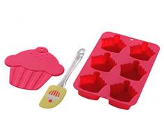 Premier Housewares 0805309 Set de Cuisson Moule à Muffin Forme de Cupcake 6 Pièces Silicone Hot Pink + Dessous de Plat + Spatule Jaune + Poignée Transparent