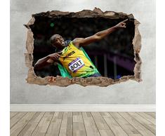 Wall Decor 247 Sticker Mural 3D Usain Bolt Sprinter Smashed Breakout pour Chambre de garçons, athlète, 100 m â Paysage Moyen 50 cm (l) x 35 cm (h)