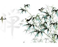 Scenolia Tapisserie Toile Textile Peinture Chinoise Branches et Oiseaux 4 x 2,70m - Décoration Murale Effet Trompe lâOeil - Revêtement Panoramique Poster XXL - Pose Facile et Qualité HD