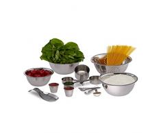 Relaxdays Set cuisine Bol mélangeur passoire pot verre doseur cuillère dosage mesure 15 pièces inox empilable, argenté