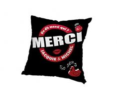 JACQUIE & MICHEL 537539 Housse de coussin Motif On dit merci qui? Polyester Noir 40 x 40 cm