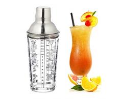 Relaxdays 10023732 Shaker Ã Cocktail en Verre avec Recettes, Graduation, Couvercle en Acier INOX,passoire et doseur,450ml