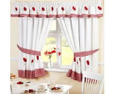 Homespace Direct Rideaux de Cuisine plissÃ©s Ã Motif Floral brodÃ© - Bordure et embrasses Ã Carreaux Rouges, Polyester, Rouge/Blanc, 46 x 54-inch
