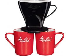 Melitta Kit de Filtration Manuelle, 1 Porte-filtre de Taille 1x4, 2 Mugs en Porcelaine (290 ml), 5 Filtres à Café 1x4, Pour Over, Noir
