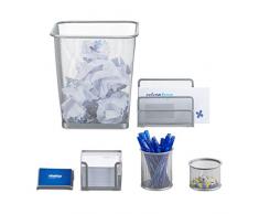 Relaxdays Set 6 fournitures de bureau poubelle pot crayon bloc notes cartes de visite courrier métal, argenté